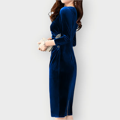 Gaia - Velvet Slit Dress 3/4 Sleeve Slim Fit