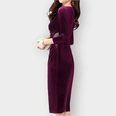 Gaia - Velvet Slit Dress 3/4 Sleeve Slim Fit