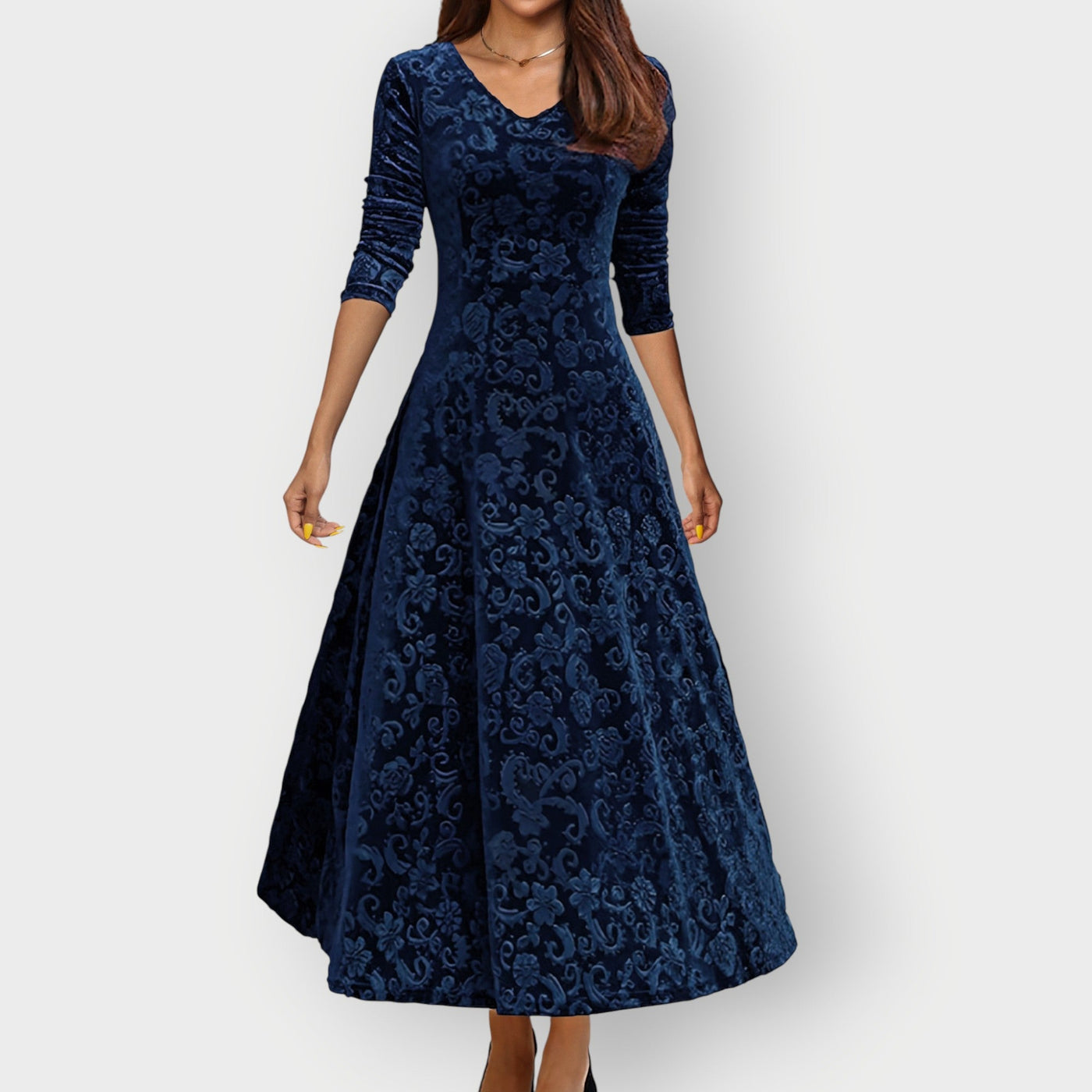 Alora - Vintage-Inspired Jacquard Velvet Midi Dress