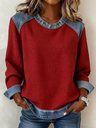 Isolde® | Damen Freizeit Rundhals Denim Waffelpullover Sweatshirt