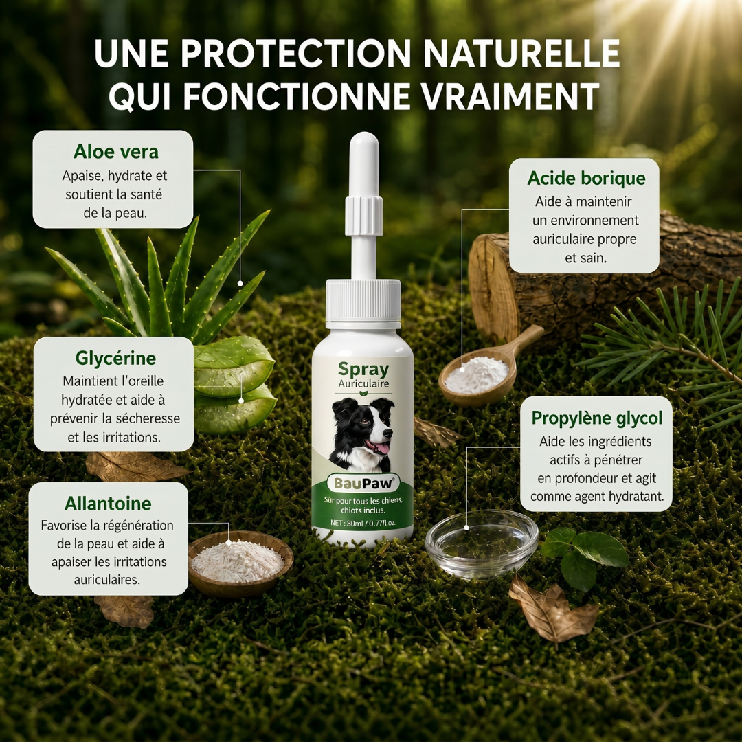 Spray Auriculaire BauPaw™ – Élimine les bactéries responsables du cérumen et des mauvaises odeurs chez le chien