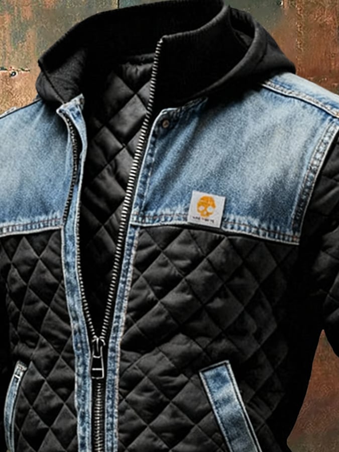 SCHWARZE STEPPJACKE MIT DENIMDETAILS
