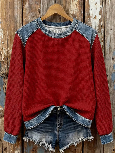 Isolde® | Damen Freizeit Rundhals Denim Waffelpullover Sweatshirt