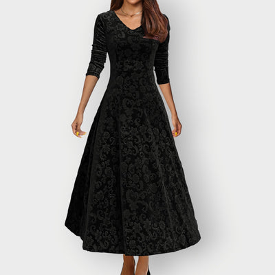 Alora - Vintage-Inspired Jacquard Velvet Midi Dress