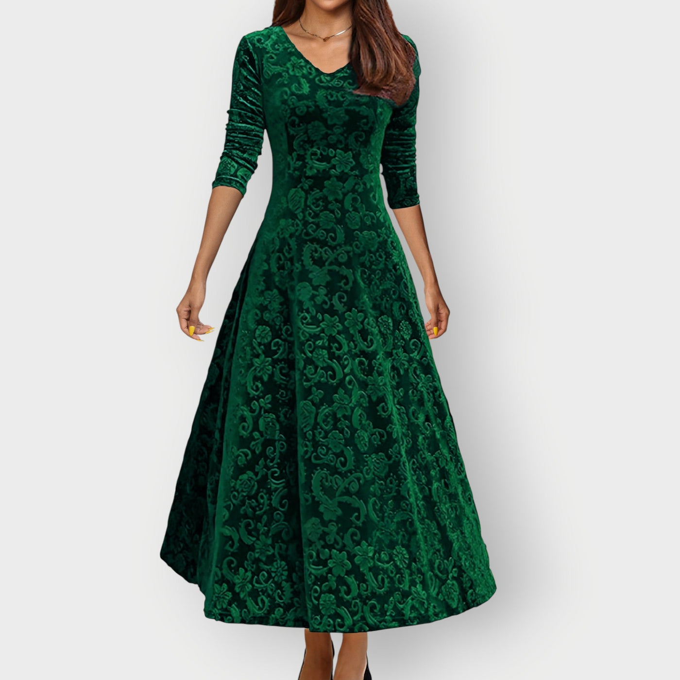 Alora - Vintage-Inspired Jacquard Velvet Midi Dress